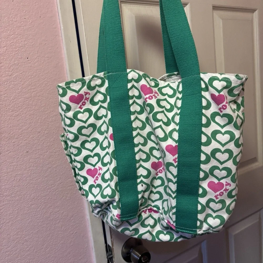 Vintage Y2K Roxy Canvas Tote Bag Green Pink Heart Print Shoulder Handbag Pocket